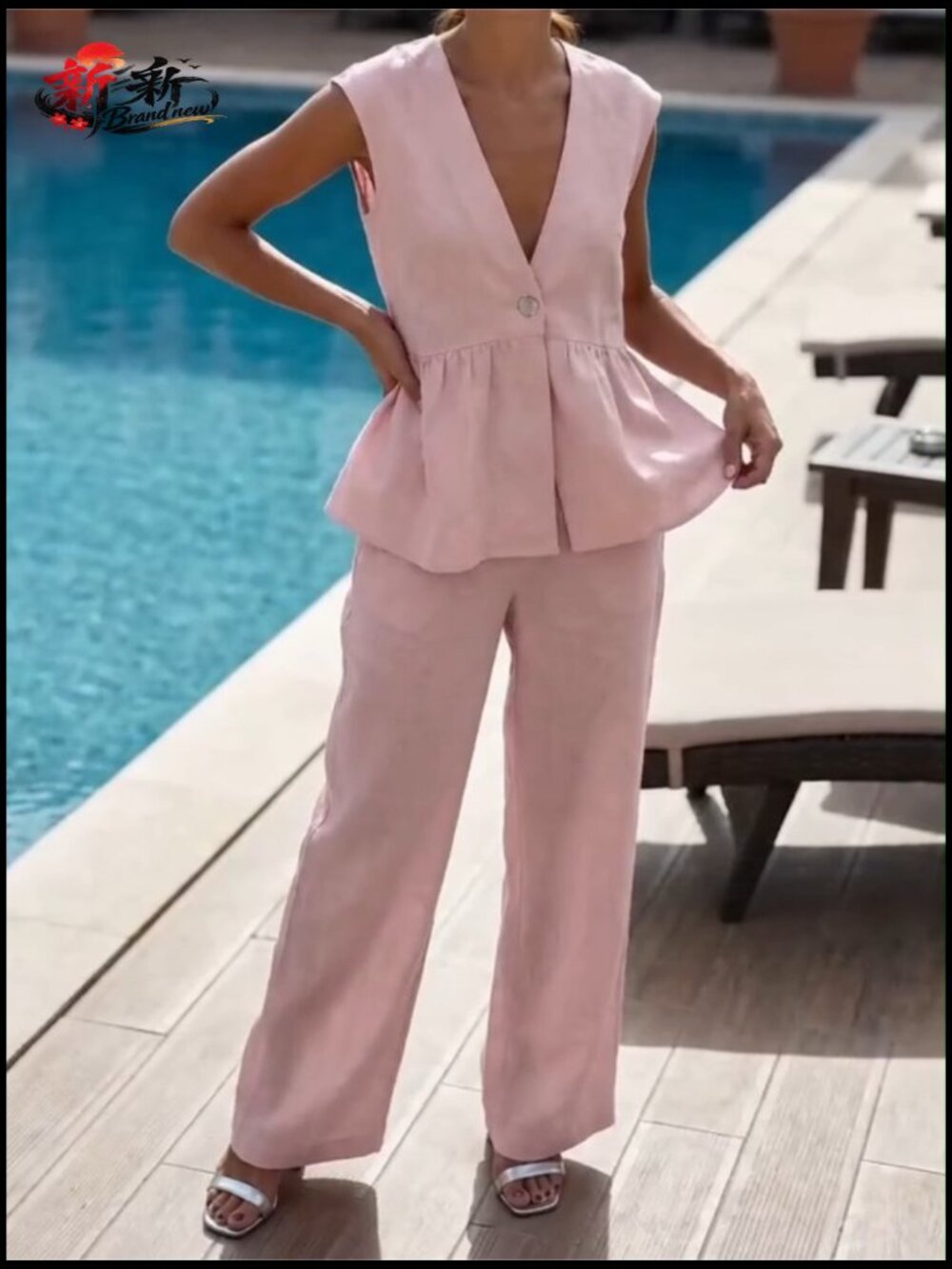 Sleeveless V Neck Peplum Vest Wide Leg Pant Suit Set 2 Piece Summer Outfit - Picture 7 of 7